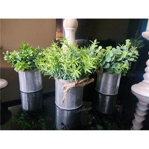 Mini Fake Plants in Farmhouse Galvanized Metal Pots, Rustic Home Decor, 3 Pack